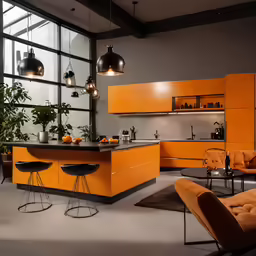 a large modern kitchen is designed with orange cabinets