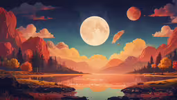 artwork with a river and forest scene that is lit up,an illustration with mountains, trees and a lake