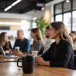 several women at a meeting and one of them holding a cup of coffee and smiling at someone sitting in front of the table