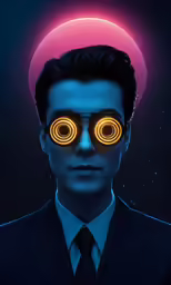 the man is wearing the strange yellow light from his eyes