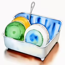 a watercolor drawing of a plastic tray with soap, toothbrushes and soap