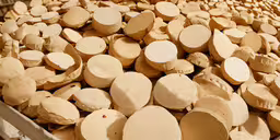 wood pieces are laid out on the floor,wooden round pieces of wood stacked in a bin