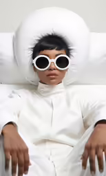 the model is wearing white shades and a white suit