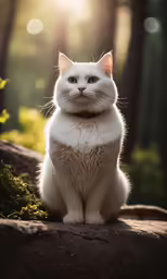 a cat sits on a rock while looking to the side