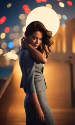 a woman in grey dress poses with lights on the background