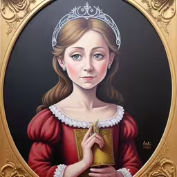 a painting of a woman holding a book in her hands,the painting shows a woman with a red dress holding a book