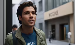 a guy wearing an aqua shirt and green jacket posing for the camera