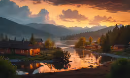 an image of the setting sun at lake,beautiful sunset on a forested mountain lake with cabin houses