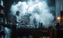 a person in an industrial smokey lab setting