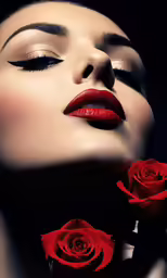 a woman has long, wavy black hair and red lipstick
