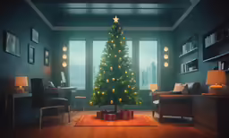 there is a christmas tree in the middle of a living room