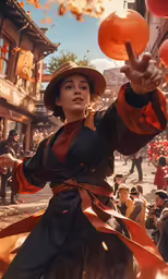 the woman is holding two oranges outside near some people