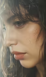 a woman with her hair blowing in the wind