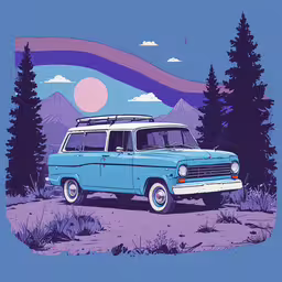an old blue van parked next to trees,an old - fashioned station wagon with surfboards on the roof in front of mountains and trees