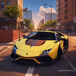 a yellow car that is parked in the street,a large yellow lambino on the side of a street