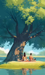 two people sit next to a tree and look at a laptop