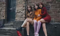 three young women sitting on the steps and posing for a picture