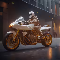 a man wearing a white and yellow helmet rides a motorbike down a street