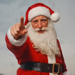 a santa claus pointing at the camera with his fingers