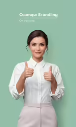 the woman in white shirt and beige pants is giving the thumbs up sign