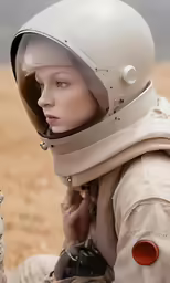 a woman with an astronaut helmet looks on as she holds a phone