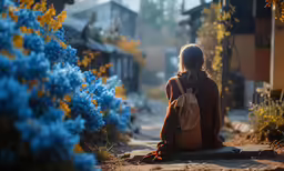 the woman is sitting outside looking at flowers
