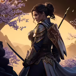 a female character with an elaborate outfit and sword
