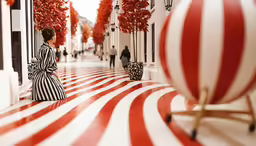 a girl standing outside a striped building