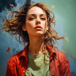 a woman is posing with wind blowing her hair