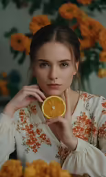 woman in floral shirt holding half a orange slice