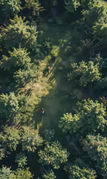 an aerial view of some trees and a bench