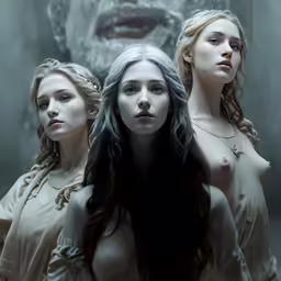 three women are standing in front of a poster of a man