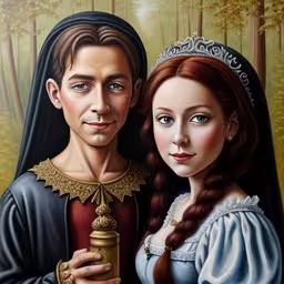a painting of a man and woman, standing next to each other,a painting of the young couple dressed up like shakespeare