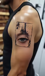 a close - up of a mans upper arm has an eye on the right shoulder and a pattern across his upper arm