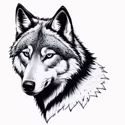 a drawing of a wolf with blue eyes