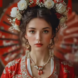 a woman in red and white dress wearing an elaborate wreath with flowers on her head
