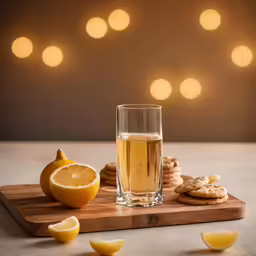 orange peel, cookies and champagne in front of a sliced orange