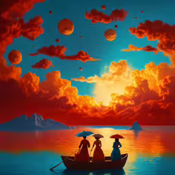 two women in a boat with umbrellas look out over the water at sunset,three people on a boat under umbrellas near mountains