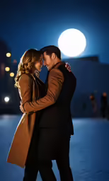 a man and a woman are sharing a hug