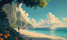 two people walking along a beach toward a cliff