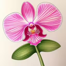 a picture of pink flower with green leaves,pink orchid with large green leaves on stem and back