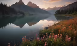 the sun sets over the mountains behind a calm lake