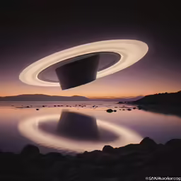 the ring is shown on top of a rock and has a circle above it