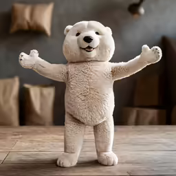 a white teddy bear with arms wide open on wood floor