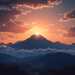 the sun is rising over mountains and clouds