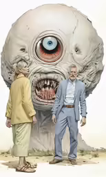two people standing in front of a giant, creepy eye monster
