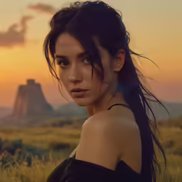 a woman with long hair and a black dress stands in the grass