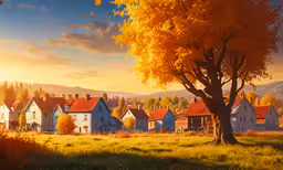 a scene with houses and a tree in the middle,a sunset over houses and trees in a suburban neighborhood