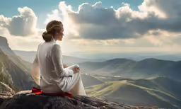 the lady is sitting on the mountain ledge