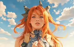red haired girl with long orange hair and bow on her head